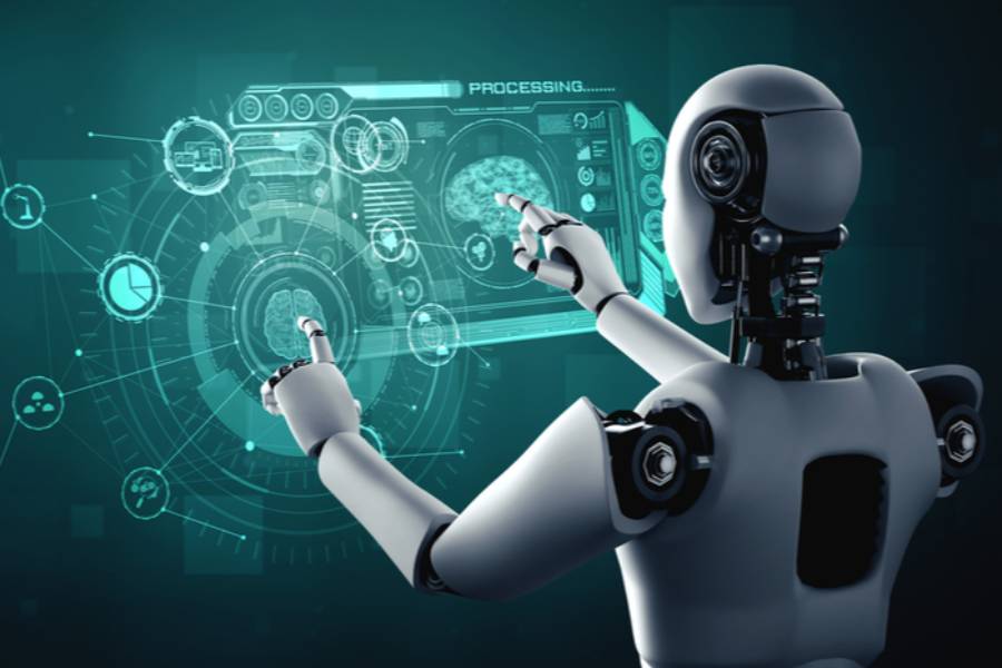 A humanoid robot interacts with a futuristic interface displaying data and processing graphics in vibrant teal hues.