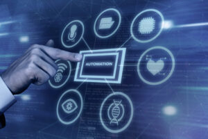 A hand hovers over a touchscreen displaying automation icons including brain, Wi-Fi, and heart, symbolizing advanced technology integration.