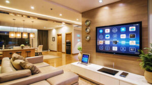 Modern living room with a sleek sofa, wall-mounted TV displaying apps, bright lighting, and a dining area in the background.