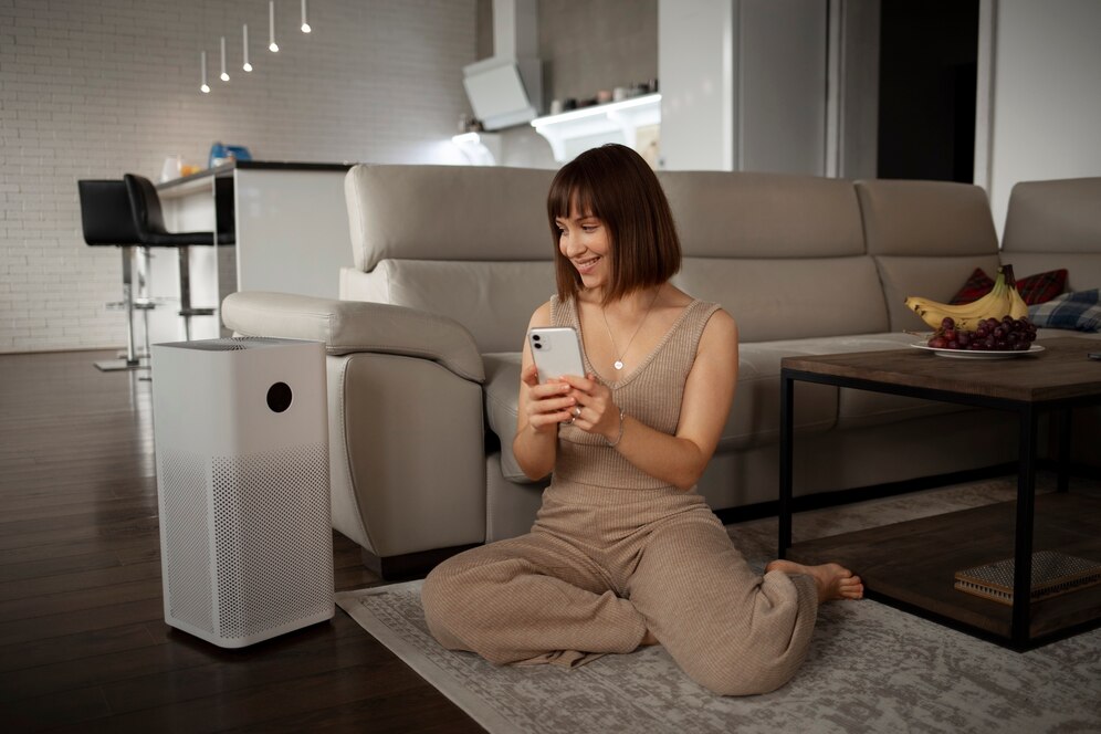 A woman in a beige jumpsuit smiles while using a smartphone, seated on a rug in a modern living room with a white sofa.