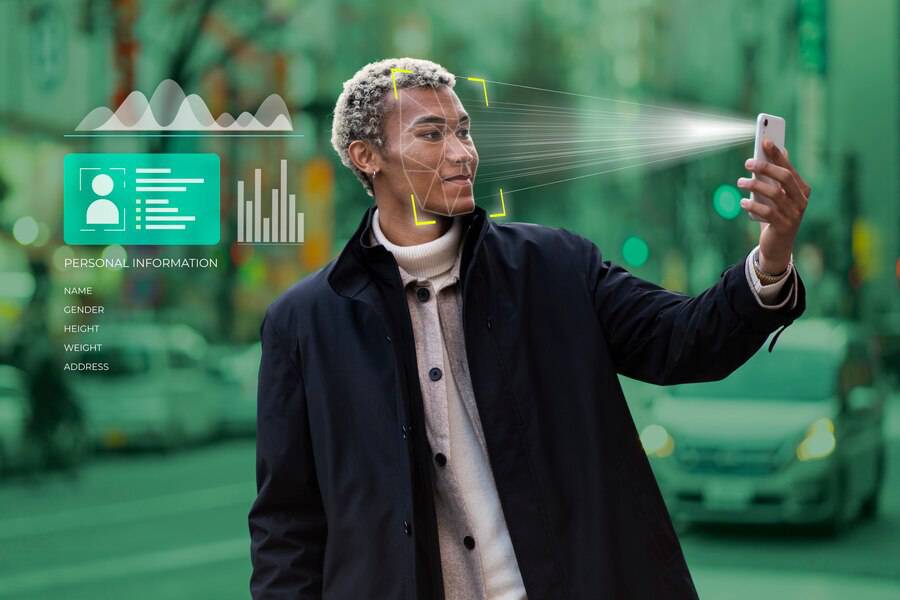 A person captures a selfie outdoors, surrounded by an urban setting and digital overlays displaying personal information indicators.
