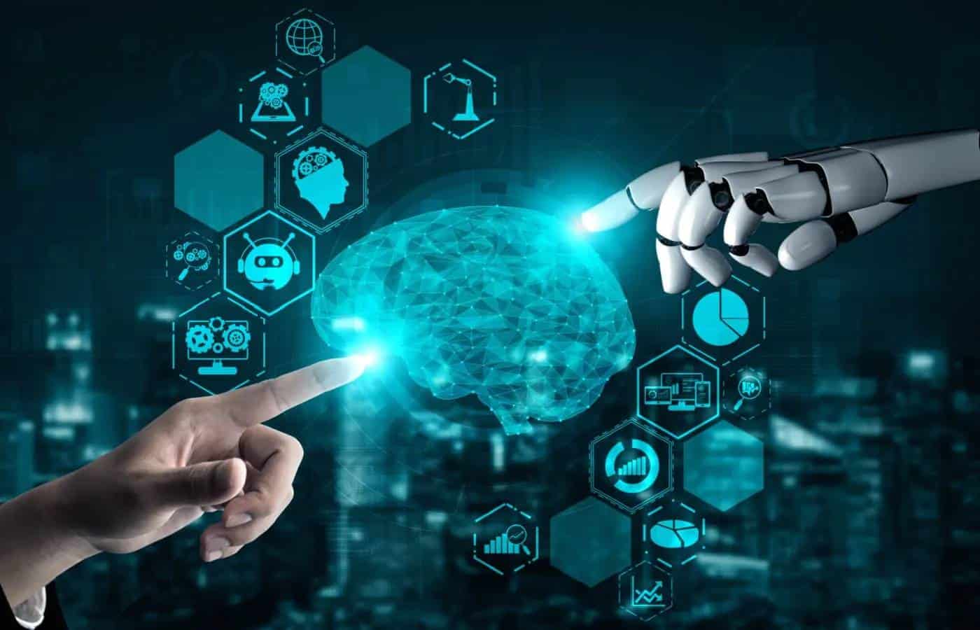 A human and a robotic hand reach towards a glowing, geometric brain, surrounded by digital icons representing AI and technology.
