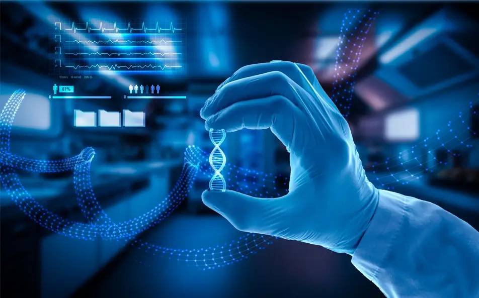 A gloved hand holds a digital DNA helix amid glowing data visualizations in a high-tech laboratory setting.