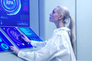 A person in a white shirt interacts with futuristic blue touch screens displaying data and graphics related to RPA Robotic Process Automation.