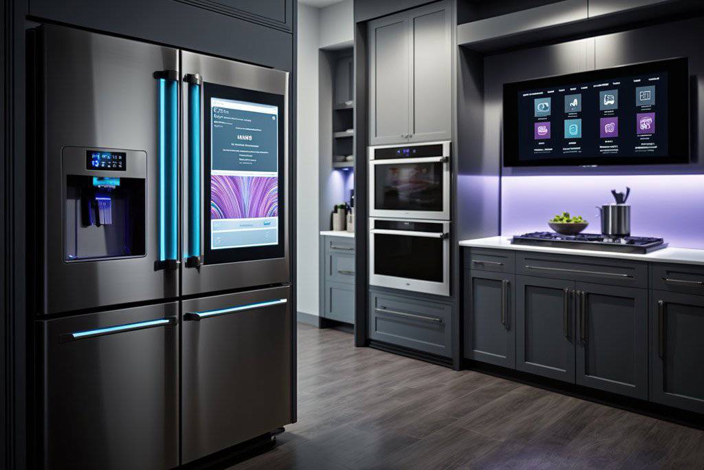 A modern kitchen featuring a sleek black refrigerator with a touchscreen interface, flanked by a built-in oven and stylish cabinetry.