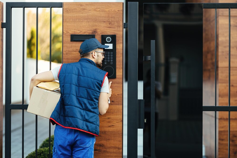 A delivery person in a blue vest holds a cardboard box while interacting with a security panel at a wooden gate.