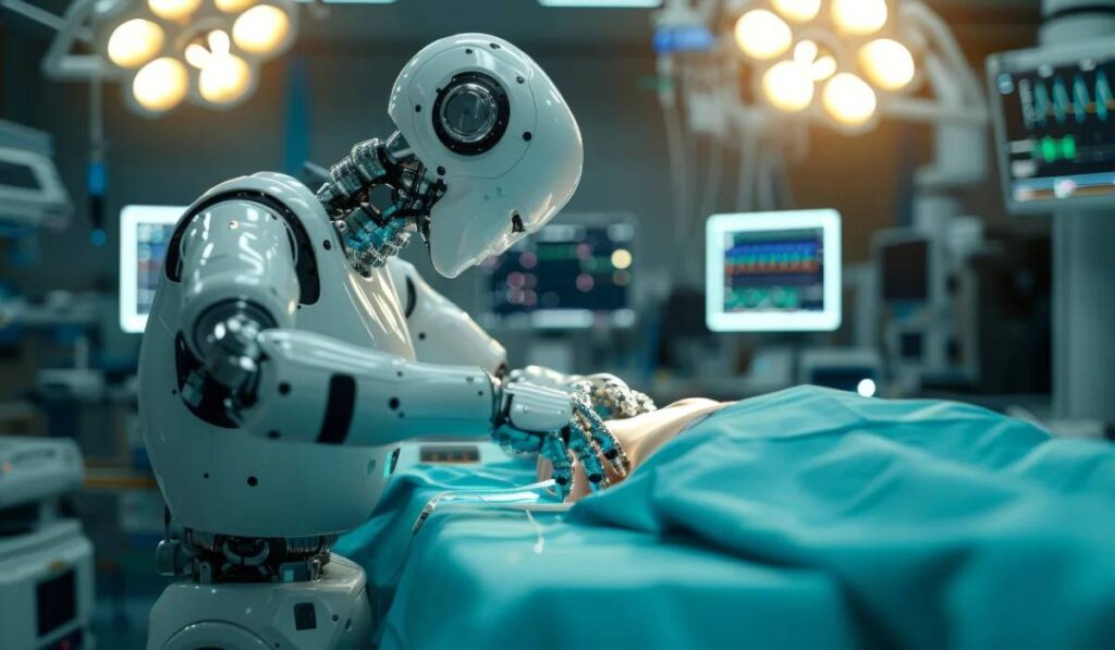 A humanoid robot performs surgery on a patient under bright surgical lights, surrounded by advanced medical equipment.