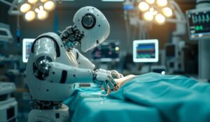 A humanoid robot performs surgery on a patient under bright surgical lights, surrounded by advanced medical equipment.