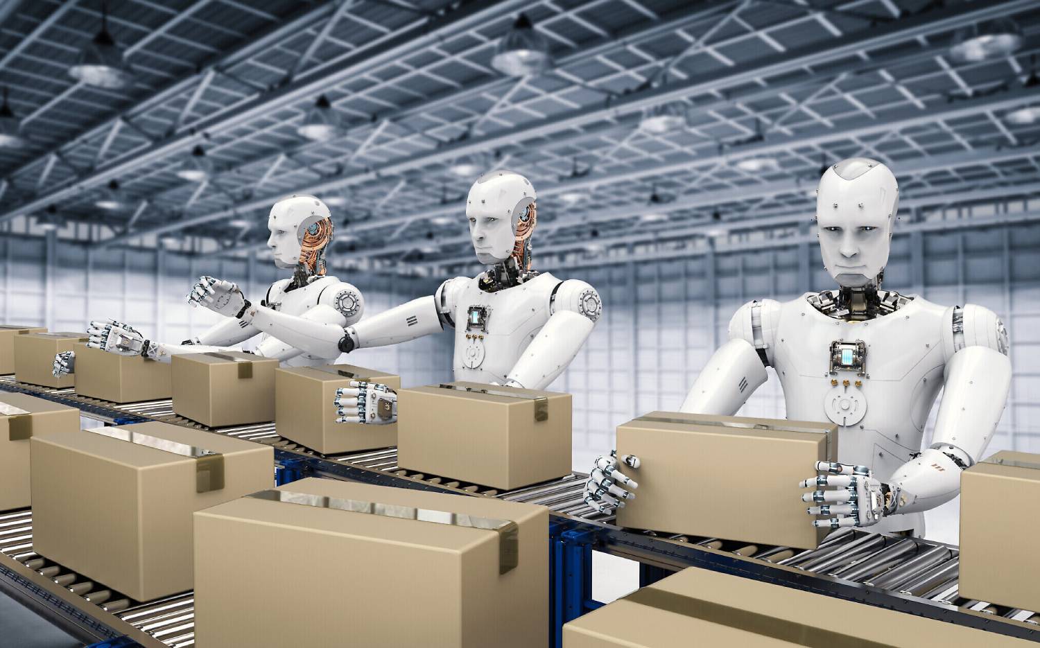 Three robotic arms work at a conveyor belt amid a warehouse, handling cardboard boxes in a high-tech environment.