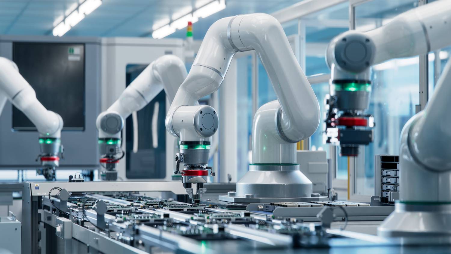 A modern factory with multiple robotic arms working on an assembly line, showcasing advanced automation and precision technology.