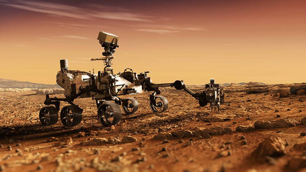 Mars rover exploring the rocky Martian landscape under a reddish sky, equipped with scientific instruments and a robotic arm.
