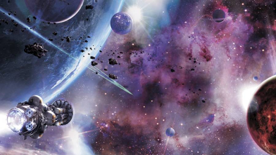 A spacecraft navigates through a vibrant cosmic landscape filled with colorful planets, stars, and swirling galaxies.