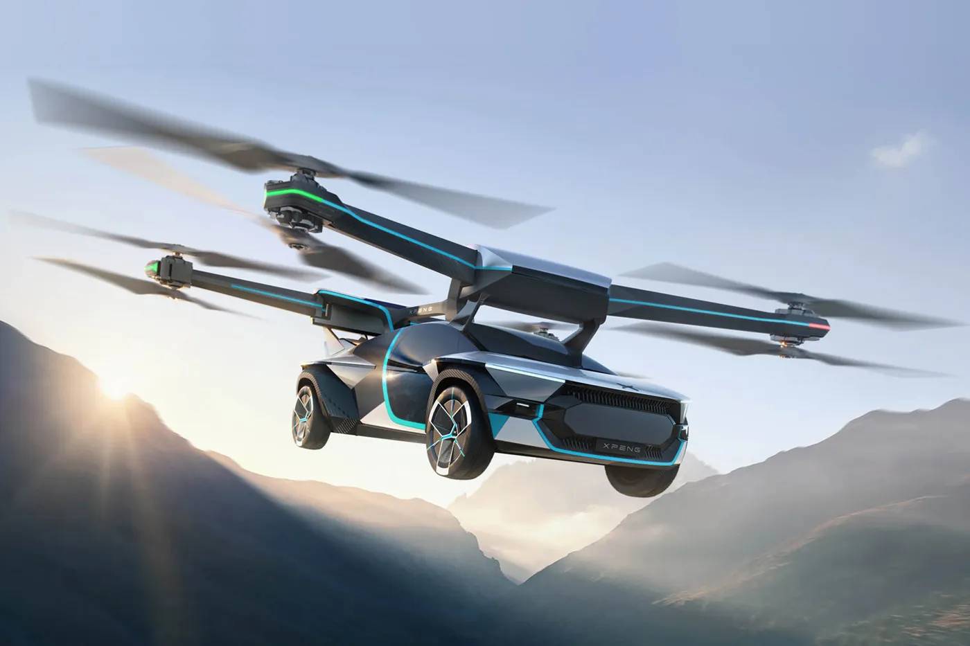 A futuristic flying car with four rotors, soaring above mountains during sunset, showcasing a sleek design in shades of black and blue.