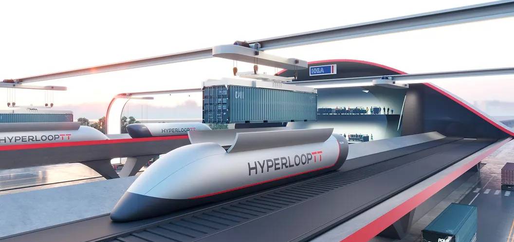 A futuristic Hyperloop transport system, featuring a sleek, bullet-shaped pod and loading container at a high-tech station.