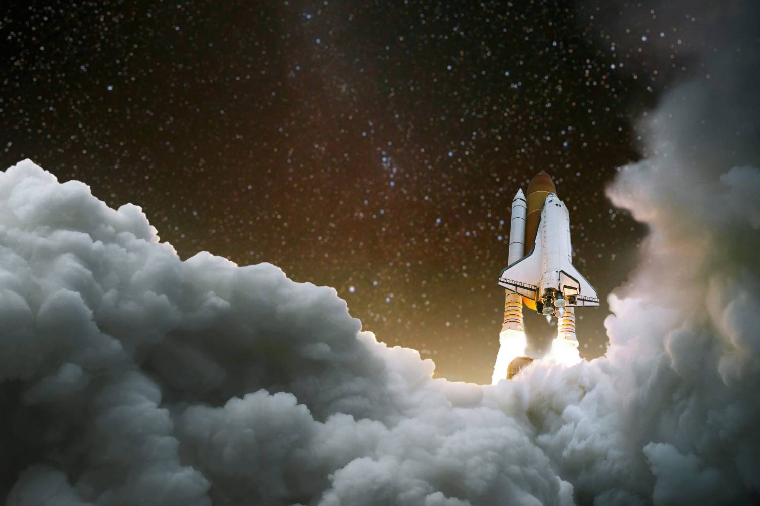 A rocket launches into space, emitting bright flames and clouds of smoke against a starry night sky.