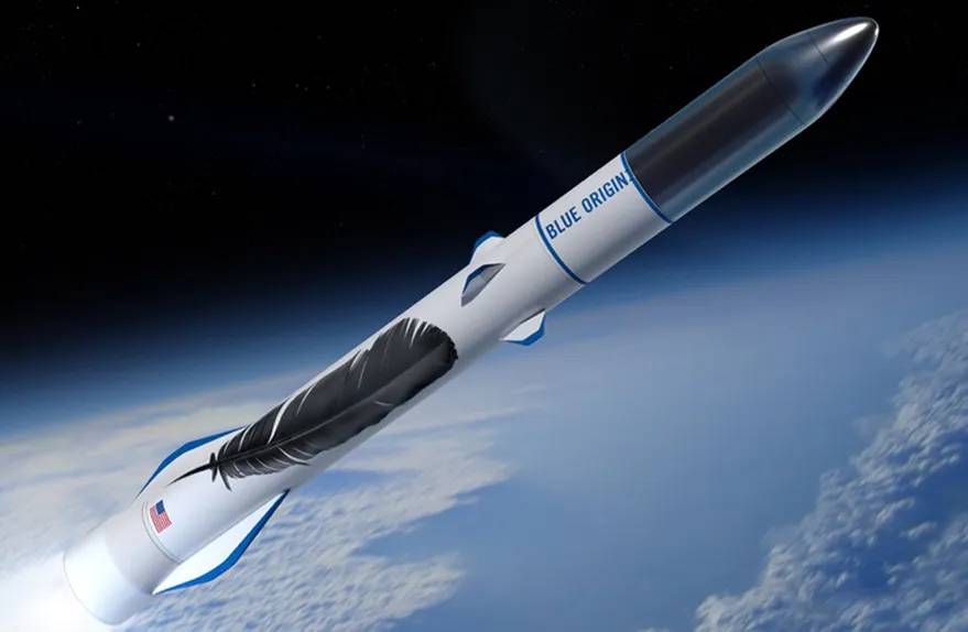 A Blue Origin rocket ascends into space, featuring a feather design against a backdrop of Earth and deep space.