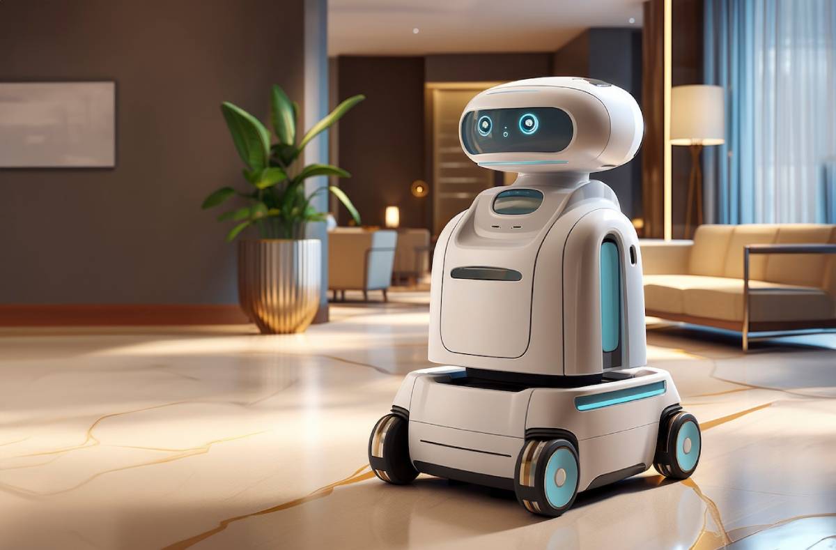  A modern service robot in a luxurious living room setting.