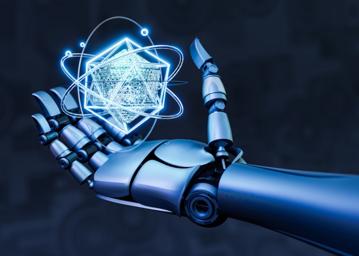  A robotic hand grasping a cube that emits a blue light, showcasing a blend of technology and illumination.