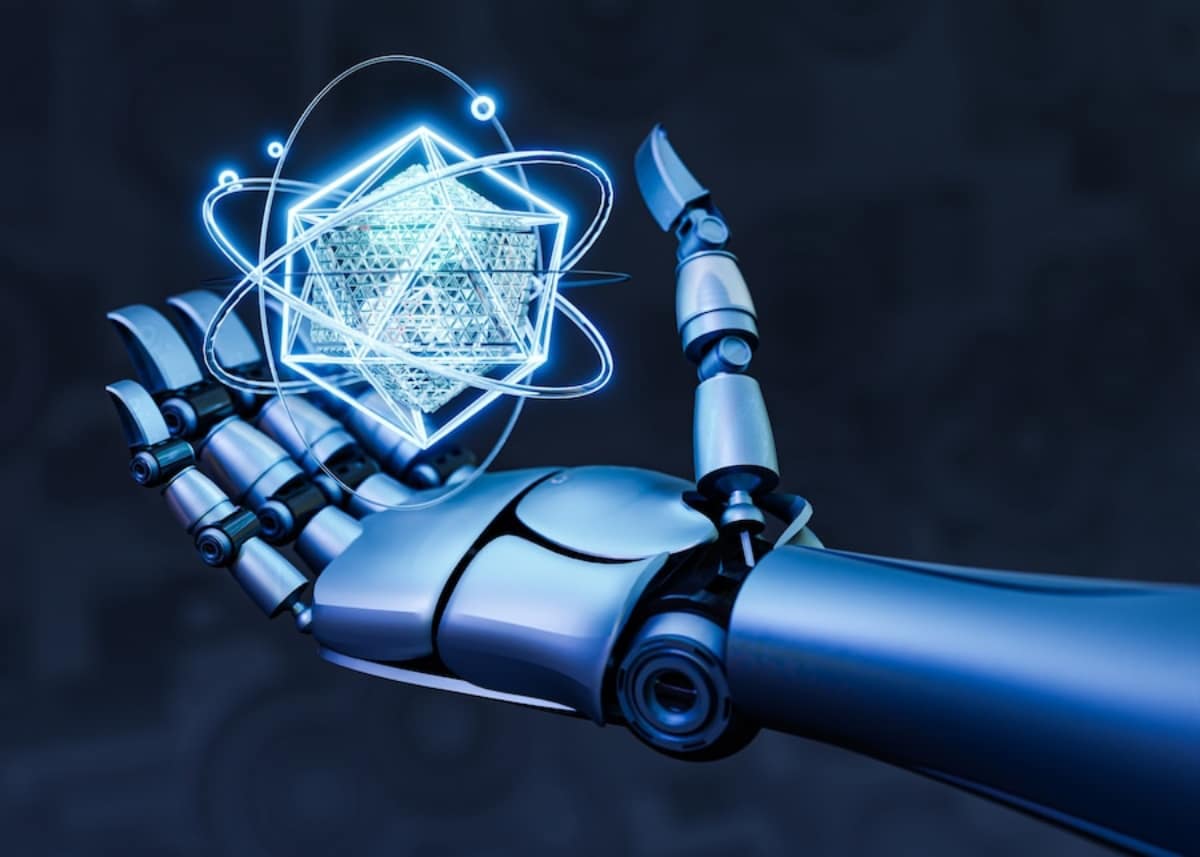 A robotic hand grasping a cube that emits a blue light, showcasing a blend of technology and illumination.