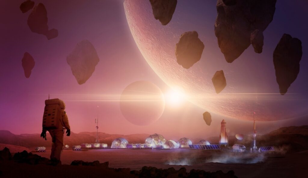An astronaut stands on a barren landscape, gazing at futuristic habitats and a massive planet illuminating the alien sky.