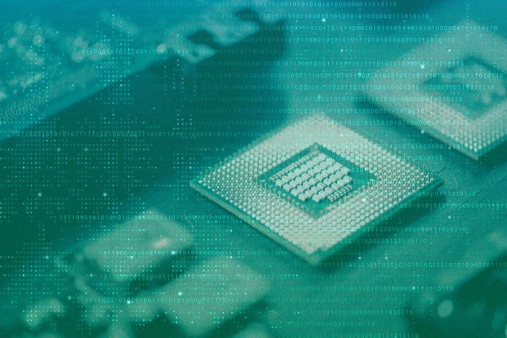 A close-up of a computer chip displayed against a vibrant green background
