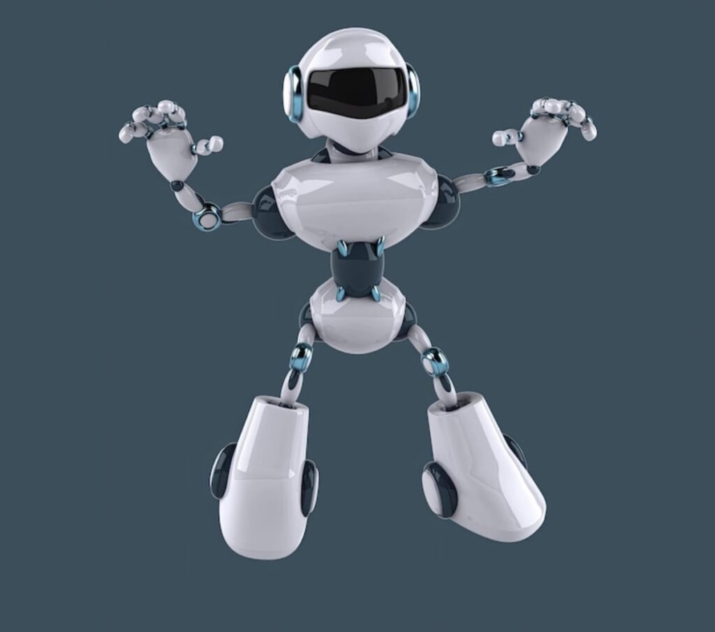 A cheerful, stylized white and blue robot with a helmet, waving its right hand, set against a dark blue background.