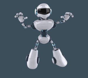 A cheerful, stylized white and blue robot with a helmet, waving its right hand, set against a dark blue background.
