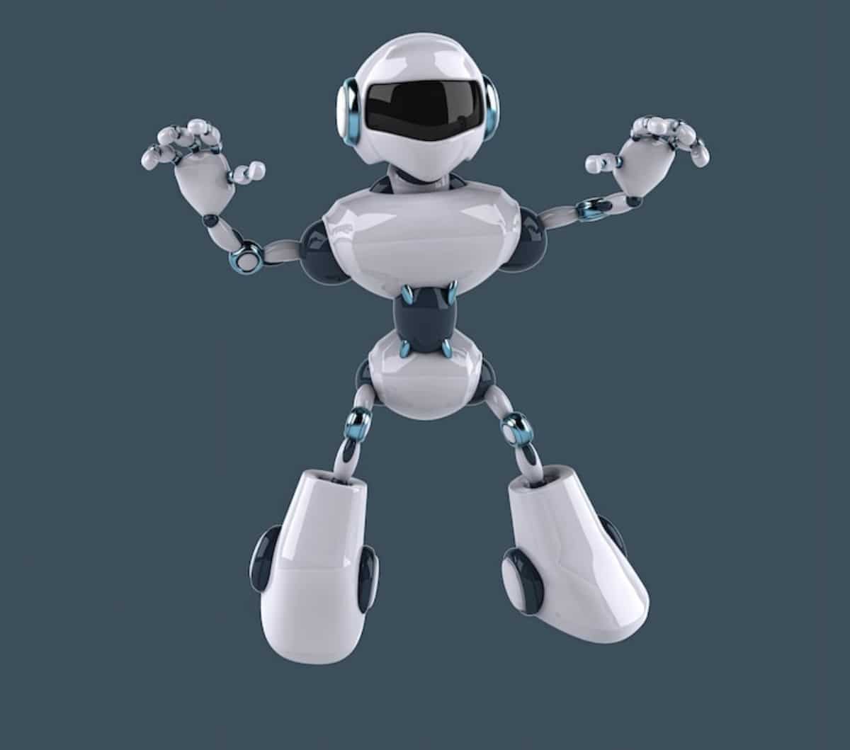 A cheerful, stylized white and blue robot with a helmet, waving its right hand, set against a dark blue background.