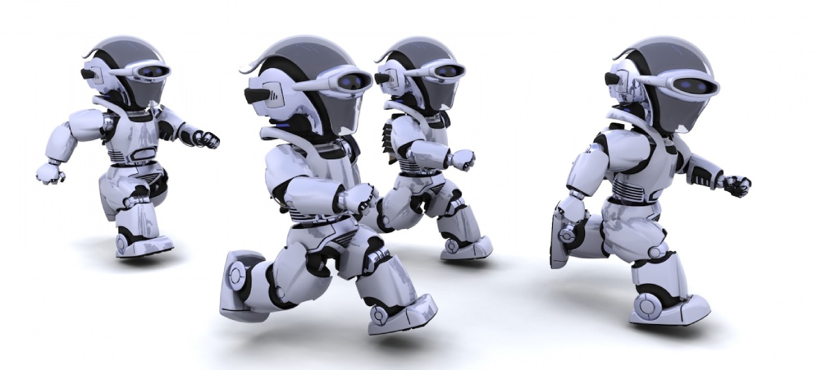  Four futuristic, humanoid robots with sleek designs, running together across a white background.