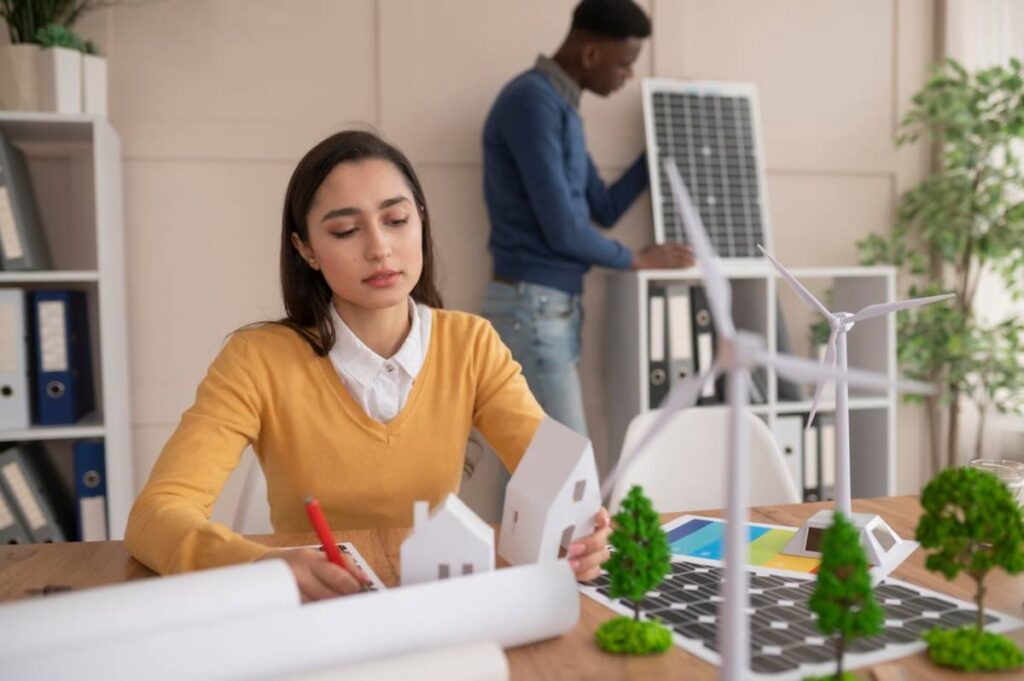 A woman and a man collaborate on a project at a desk in a modern office setting.